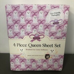 Envogue Pink Coquette Bow Ghost Halloween Summerween Queen 4 Piece Sheet Set NWT